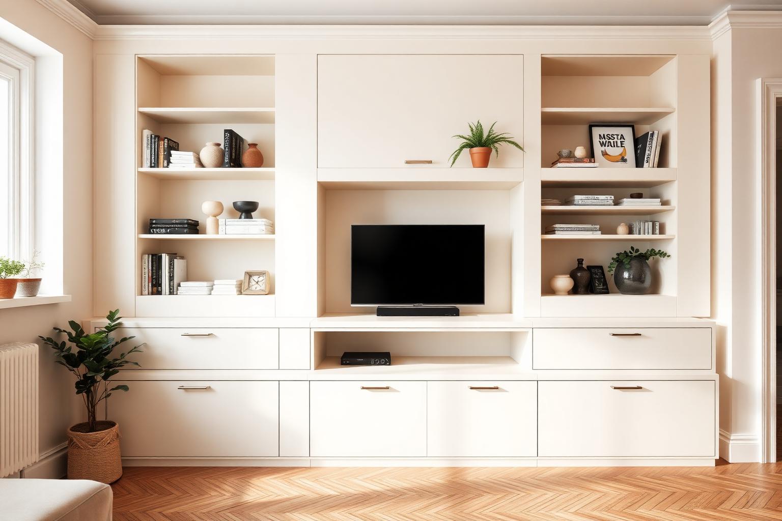 Wandkast op maat met open vakken, deuren en TV-nis in een moderne woonkamer