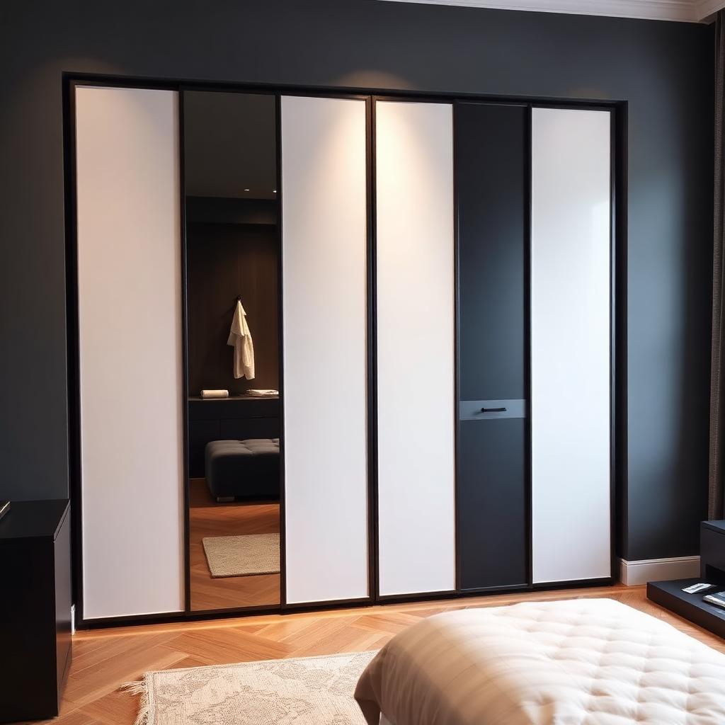 Schuifdeurkast met combinatie van spiegeldeur en matte panelen in een donkere slaapkamer