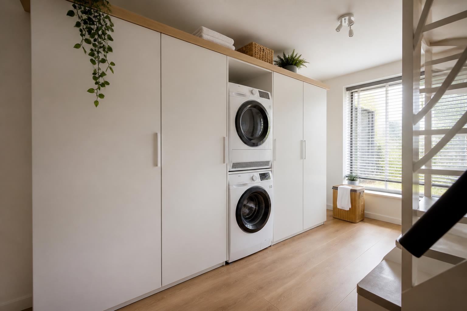 Wasmachinekast op maat met wasmachine en droger in een moderne bijkeuken