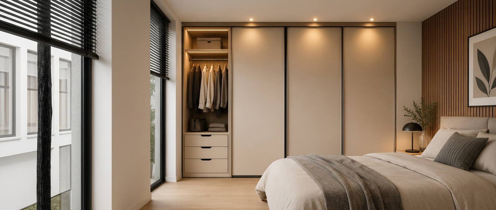 Kledingkast op maat met schuifdeuren in een slaapkamer, van vloer tot plafond