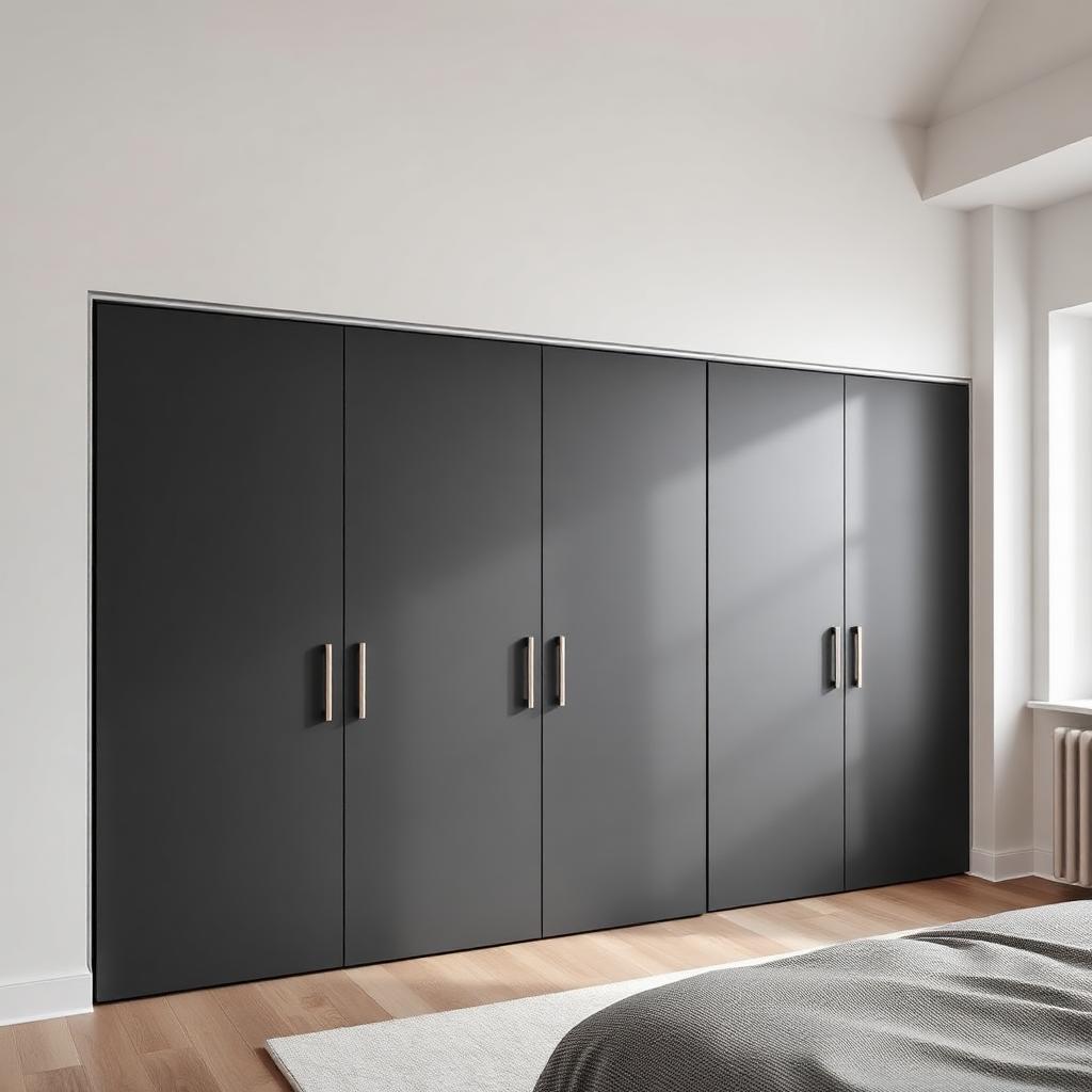 Moderne antracietkleurige schuifdeurkast op maat in een lichte slaapkamer
