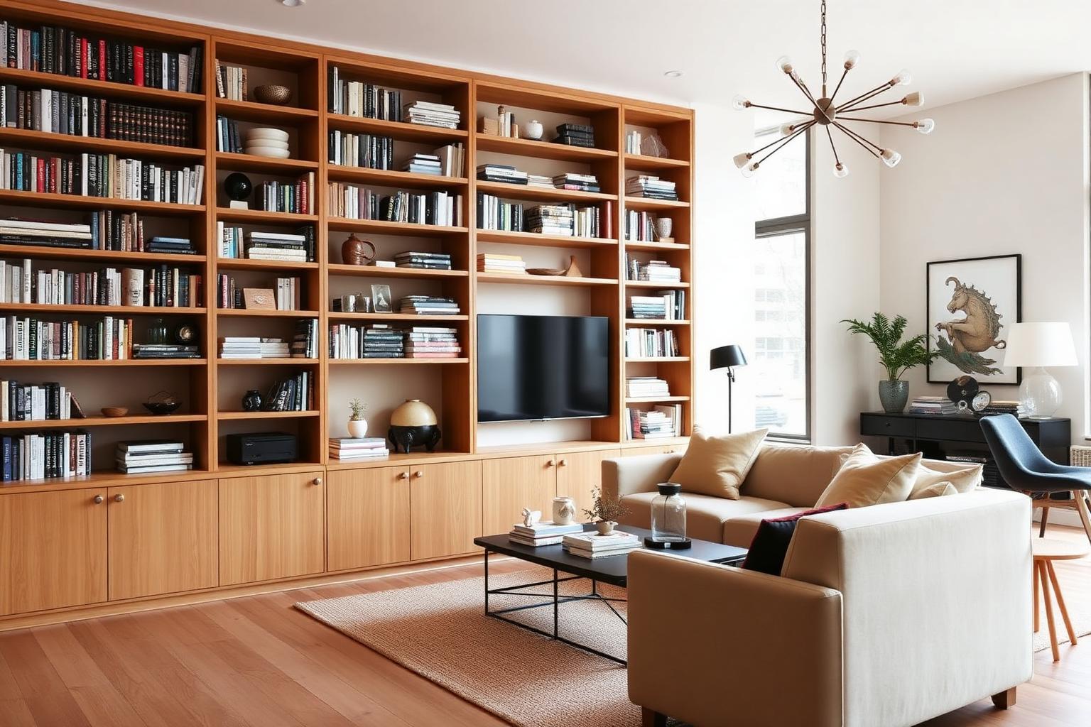 Wandvullende boekenkast op maat met boeken en decoratie in een moderne woonkamer