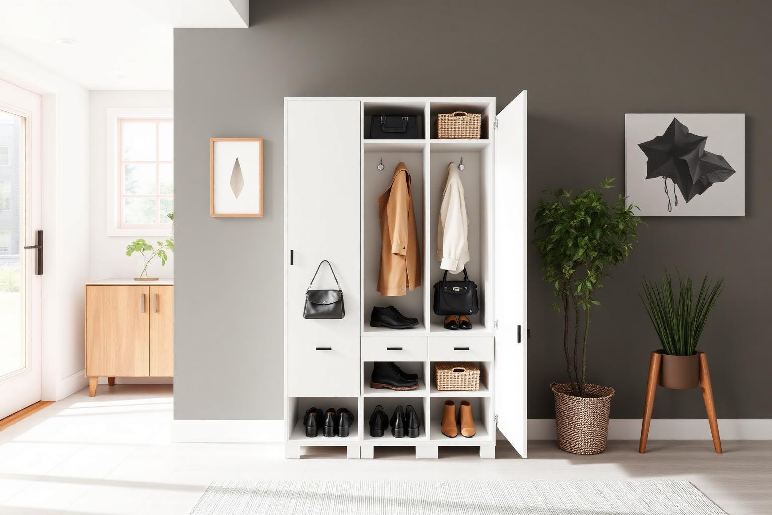 Witte halkast op maat met jassen, schoenen en tassen in een moderne entree