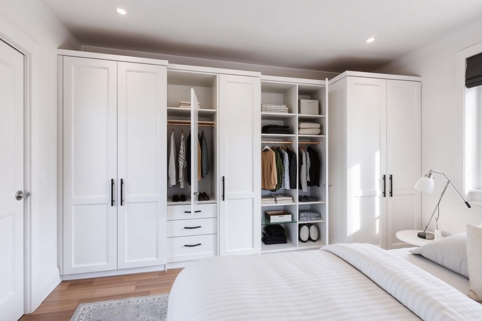 Witte kledingkast op maat met open hanggedeelte en lades in een moderne slaapkamer